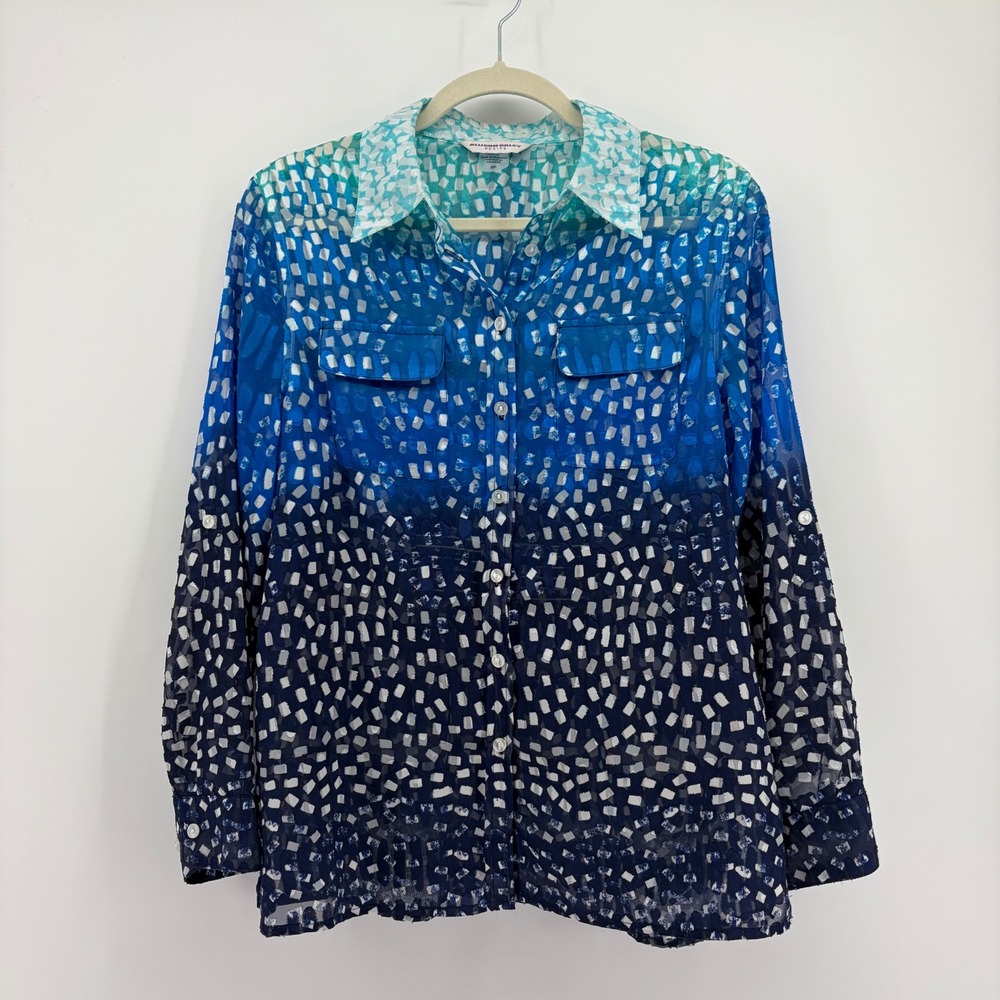 Allison Daley Womens 8P Blue Ombre Geometric Burnout Button Up Roll Tab Blouse